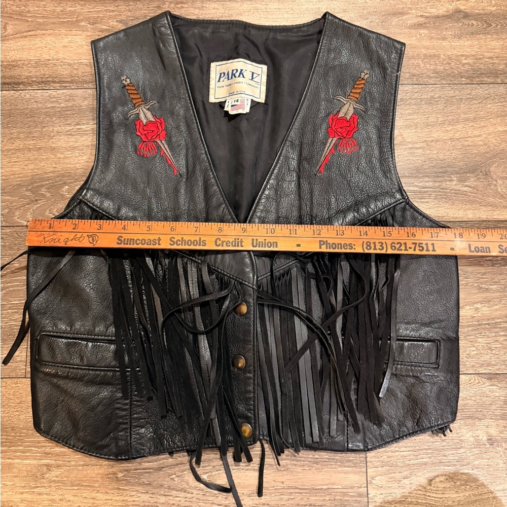 Park V Black Leather Fringe Vest Rose Dagger Embroidery Western Biker Women M - Picture 11 of 13